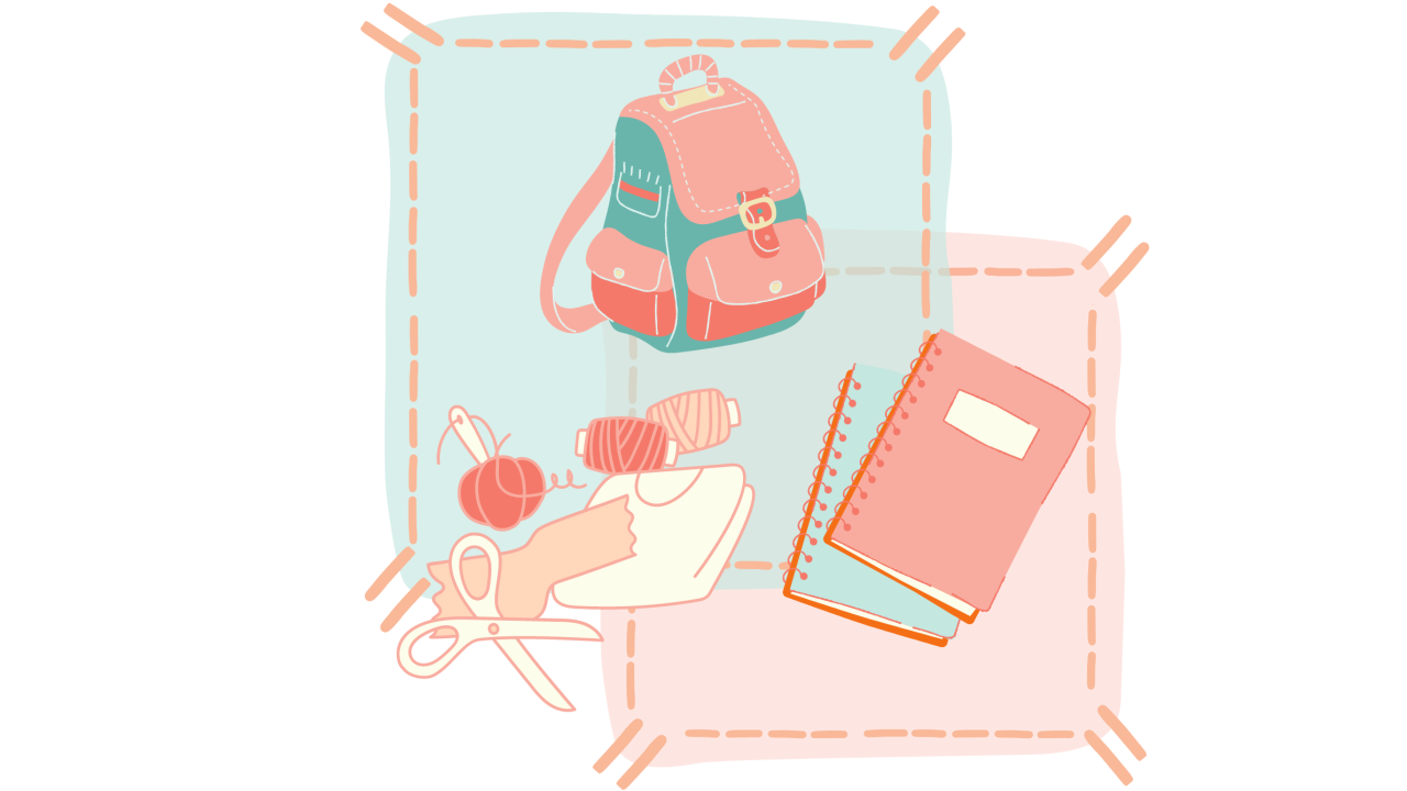 bag, textbook, sewing supplies